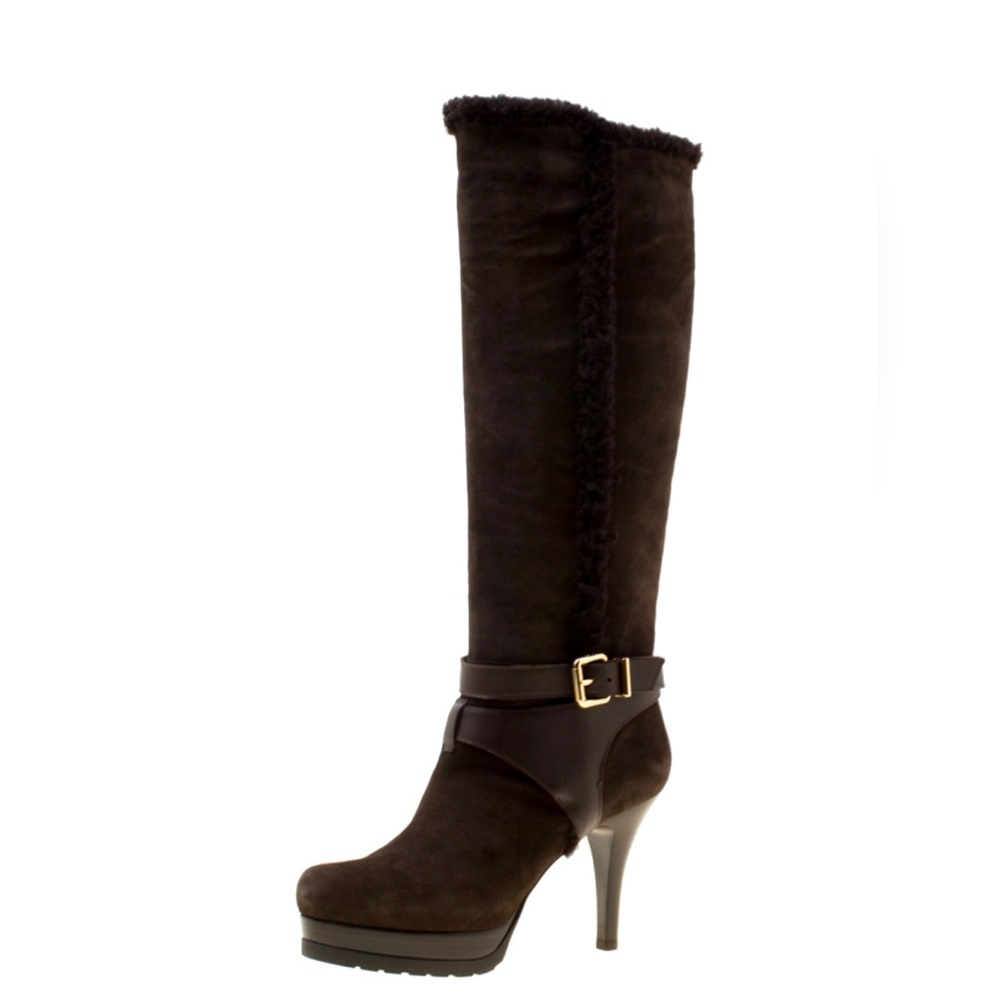 Authentic Fendi Brown Suede Shearling Trim Knee Boots NWOT